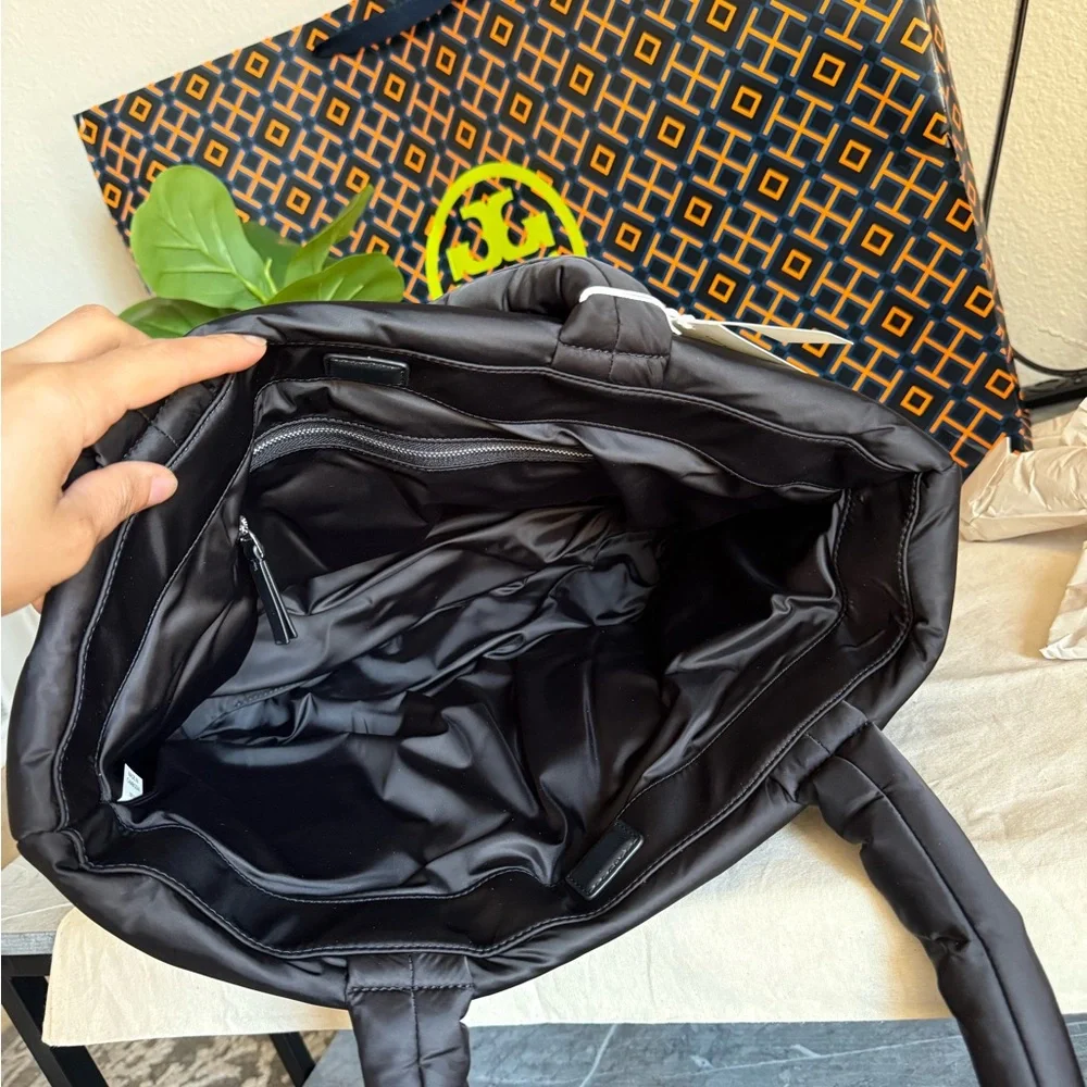 NWT Tory Burch 167626 Britten Nylon Puffy Tote Black Silver Logo Bag - Picture 6 of 12